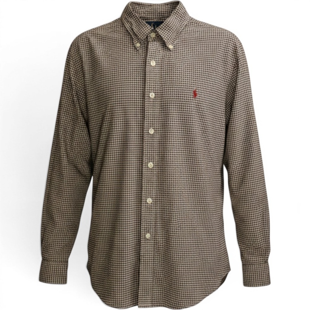 Ralph‎ Lauren Button Down Shirt Mens XL Blue Tan Micro Check Classic Fit Cotton